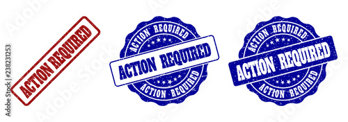 ACTION REQUIRED scratched stamp seals in red and blue colors. Vector ACTION REQUIRED labels with scratced texture. Graphic elements are rounded rectangles, rosettes, circles and text labels.