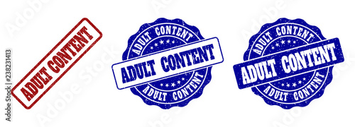 ADULT CONTENT scratched stamp seals in red and blue colors. Vector ADULT CONTENT labels with scratced texture. Graphic elements are rounded rectangles, rosettes, circles and text captions.