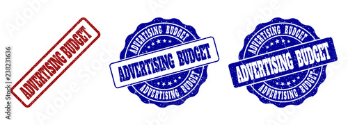 ADVERTISING BUDGET grunge stamp seals in red and blue colors. Vector ADVERTISING BUDGET marks with grunge surface. Graphic elements are rounded rectangles, rosettes, circles and text captions.