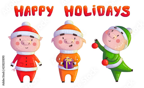 illustration of christmas pigs in New Year's festive dress next to an elegant decorated Christmas tree. text happy holidays. bright and saturated colors. Use for greetings, cards, background, textiles © Viktoriya Tymoshenko