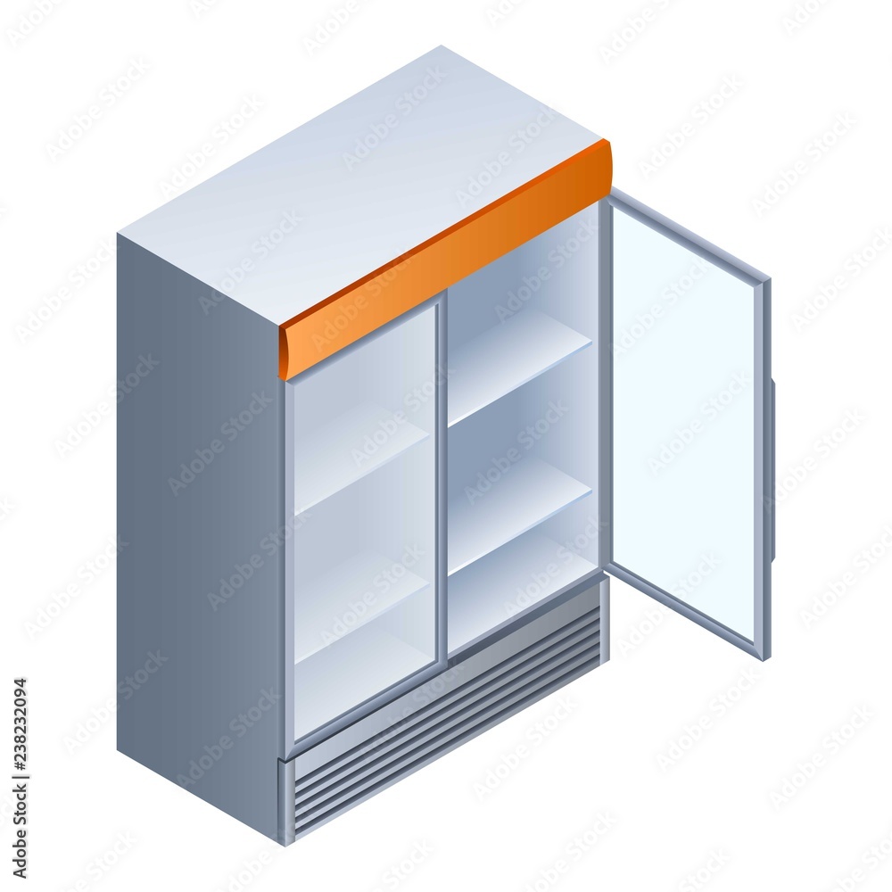 Empty open drink fridge icon. Isometric of empty open drink fridge vector icon for web design isolated on white background Empty open drink fridge icon. Isometric of empty open drink fridge vector icon for web design isolated on white background