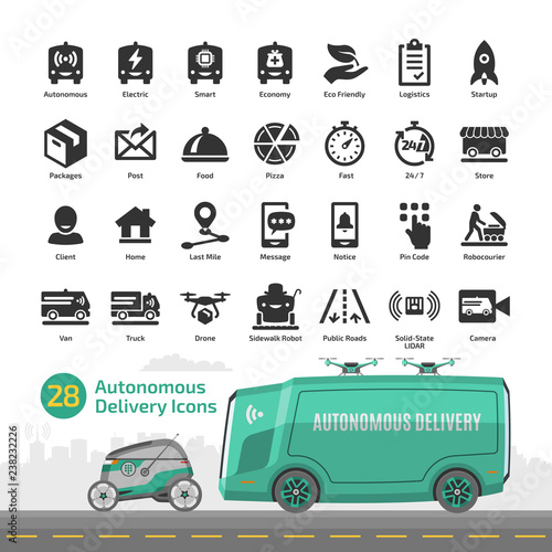 Driverless delivery vehicle silhouette icon set with illustration of var, drone and robocourier for packages and food transportation.