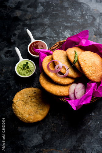 Shegaon or Rajasthani Kachori served with green Chutney and tomato ketchup photo