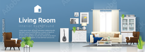 Living room background with wooden furniture , plants and blue wall  in modern rustic style , vector , illustration