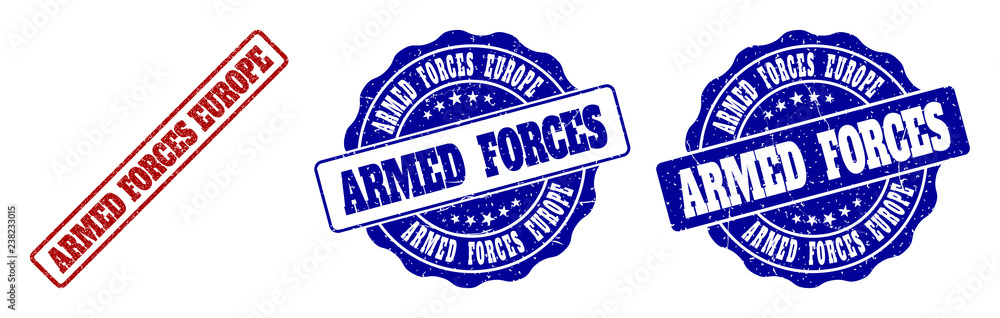 ARMED FORCES EUROPE grunge stamp seals in red and blue colors. Vector ARMED FORCES EUROPE imprints with scratced effect. Graphic elements are rounded rectangles, rosettes, circles and text titles. ARMED FORCES EUROPE grunge stamp seals in red and blue colors. Vector ARMED FORCES EUROPE imprints with scratced effect. Graphic elements are rounded rectangles, rosettes, circles and text titles.