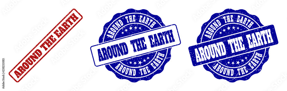 Obraz premium AROUND THE EARTH scratched stamp seals in red and blue colors. Vector AROUND THE EARTH labels with distress texture. Graphic elements are rounded rectangles, rosettes, circles and text labels.