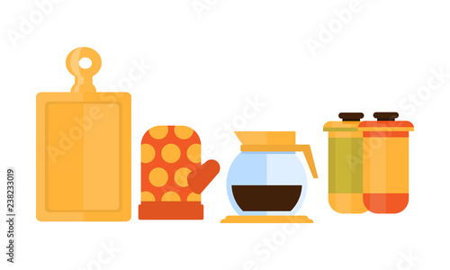 Flat vector set of kitchen items. Wooden cutting board, oven-glove, jug of fresh coffee and containers with lids