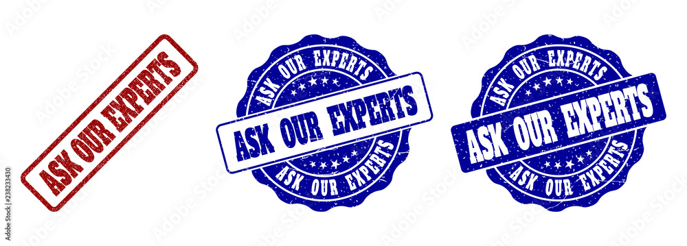 ASK OUR EXPERTS scratched stamp seals in red and blue colors. Vector ASK OUR EXPERTS labels with distress style. Graphic elements are rounded rectangles, rosettes, circles and text labels.