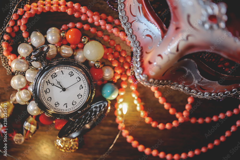 Obraz premium Masquerade decoration. Mask. Watch. Party is over. 