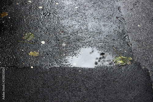 Wet asphalt pavement rain puddle