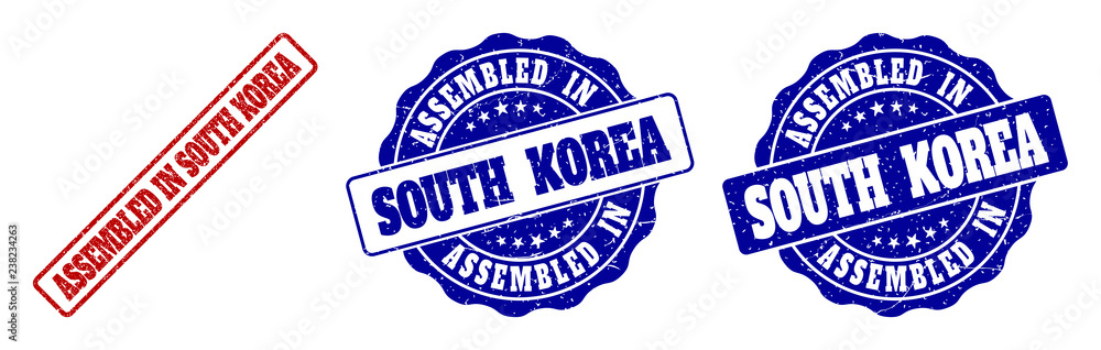 ASSEMBLED IN SOUTH KOREA grunge stamp seals in red and blue colors. Vector ASSEMBLED IN SOUTH KOREA marks with grunge surface. Graphic elements are rounded rectangles, rosettes, ASSEMBLED IN SOUTH KOREA grunge stamp seals in red and blue colors. Vector ASSEMBLED IN SOUTH KOREA marks with grunge surface. Graphic elements are rounded rectangles, rosettes,