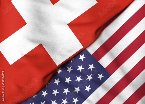 Two flags. 3D. United States and Switzerland
