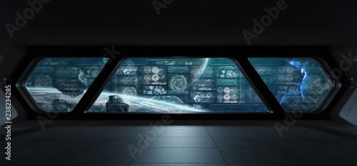 Fototapeta Naklejka Na Ścianę i Meble -  Dark spaceship interior with control panel digital screens 3D rendering