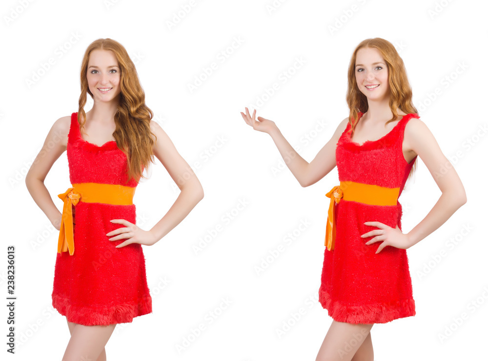 Young beautiful girl in red dress thunms up isolated on white Young beautiful girl in red dress thunms up isolated on white