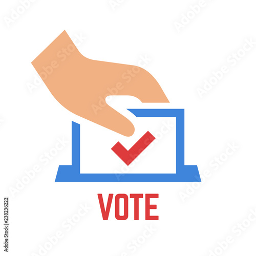 Vector vote color icon with voter hand insert envelope in ballot box. Democracy election poll colorful sign.