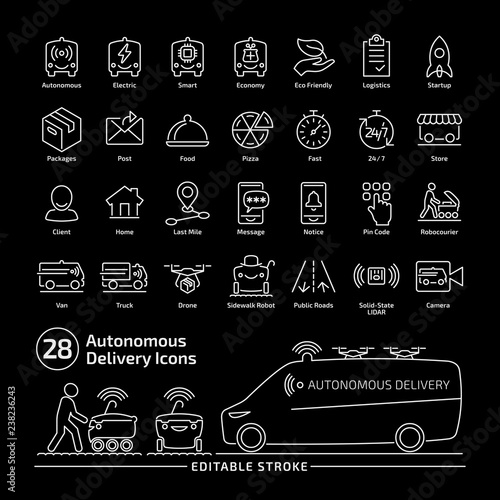 Driverless delivery vehicle editable stroke line icon set on a black background with thin outline illustration of van with drone and robocourier for packages and food transportation.