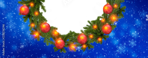 Fototapeta Naklejka Na Ścianę i Meble -  Winter Christmas background with a wreath of spruce with festive balls. Festive banner, background for greeting card.