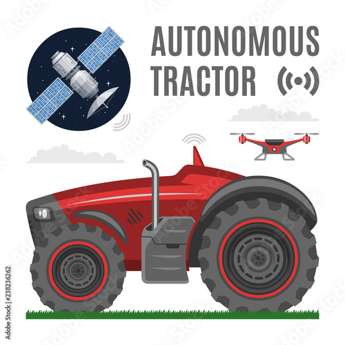Vector autonomous driverless tractor with satellite and drone. Future farming agriculture robot vehicle illustration.