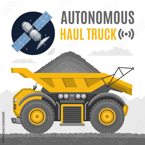 Vector autonomous heavy haul truck with satellite. Future dump machine for coal mining industry freight self drive vehicle flat illustration.