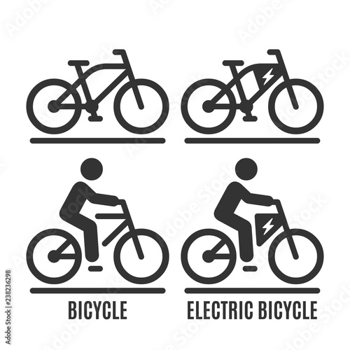 Vector isolated bicycle and electric bike icon. Cycle no human and with rider on road silhouette symbol.