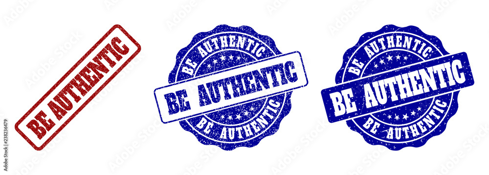 BE AUTHENTIC grunge stamp seals in red and blue colors. Vector BE AUTHENTIC labels with grunge style. Graphic elements are rounded rectangles, rosettes, circles and text titles.