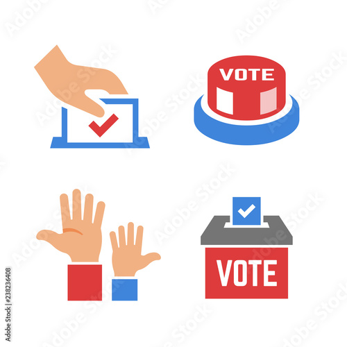 Vector vote color icon with voter hand, ballot box, click button, voting hands. Democracy election poll silhouette sign.