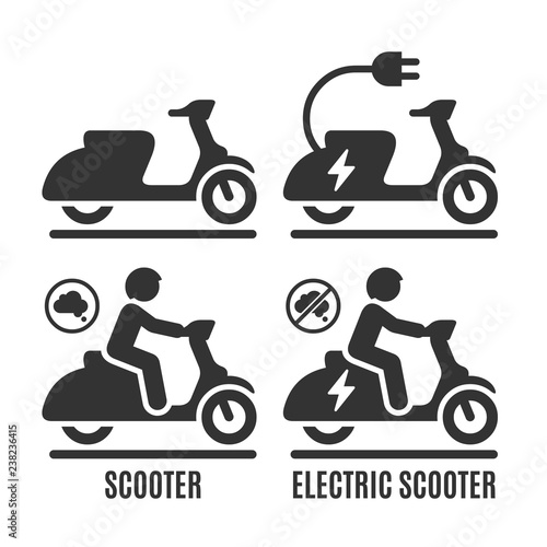  Vector isolated ICE and electric scooter icon set. Motorcycle with rider silhouette pictogram and motorbike no human sign.