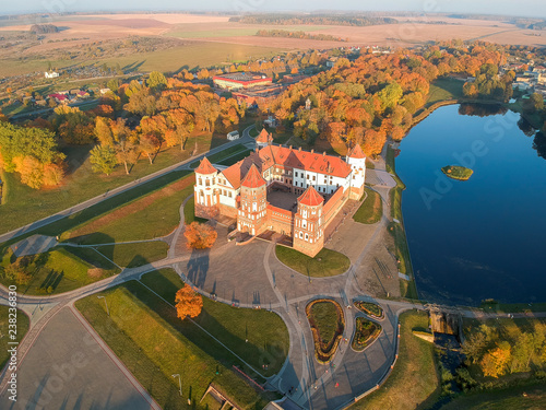 Canvastavla Mir castle in the sunsetlight. Drone aerial HDR-hoto