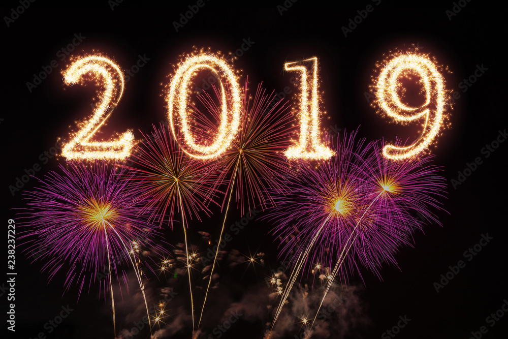 2019 written with Sparkle firework on fireworks with dark background, Happy new year celebration and greeting cards concept