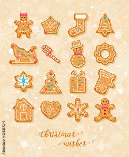 Christmas wishes. Cute Xmas card with colorful funny gingerbread on background with snowflakes. Vector greeting poster.