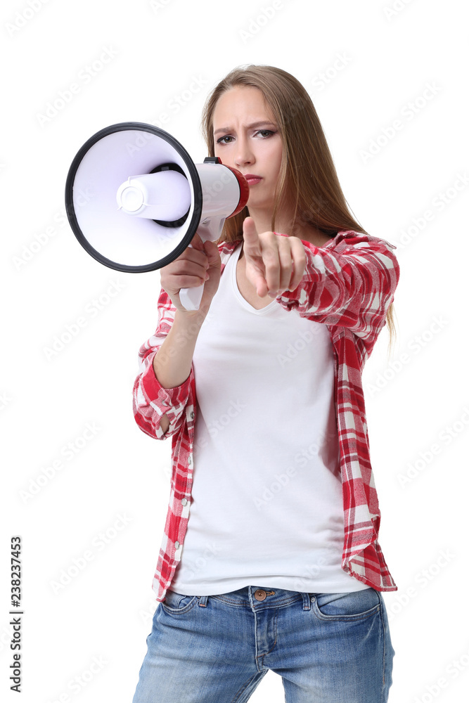 Young woman with megaphone on white background Young woman with megaphone on white background