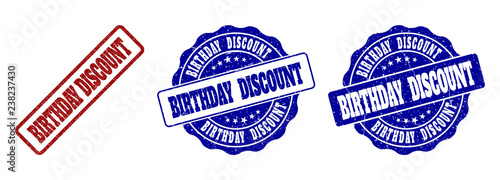 BIRTHDAY DISCOUNT scratched stamp seals in red and blue colors. Vector BIRTHDAY DISCOUNT watermarks with draft surface. Graphic elements are rounded rectangles, rosettes, circles and text labels.