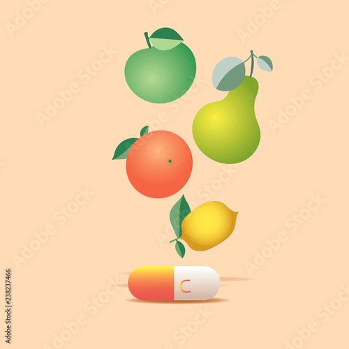 Vitamin C capsule. Fruit isolated. Healthcare banner.