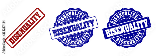 BISEXUALITY grunge stamp seals in red and blue colors. Vector BISEXUALITY overlays with distress texture. Graphic elements are rounded rectangles, rosettes, circles and text titles.