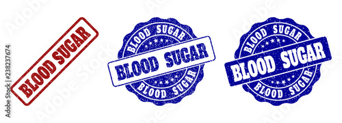 BLOOD SUGAR grunge stamp seals in red and blue colors. Vector BLOOD SUGAR signs with grunge surface. Graphic elements are rounded rectangles, rosettes, circles and text captions.