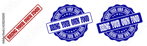 BRING YOUR OWN FOOD grunge stamp seals in red and blue colors. Vector BRING YOUR OWN FOOD watermarks with grunge style. Graphic elements are rounded rectangles, rosettes, circles and text captions.