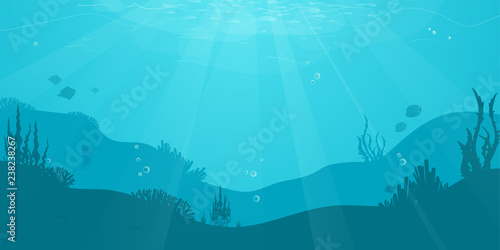 Obraz na płótnie Underwater cartoon flat background with fish silhouette, seaweed, coral
