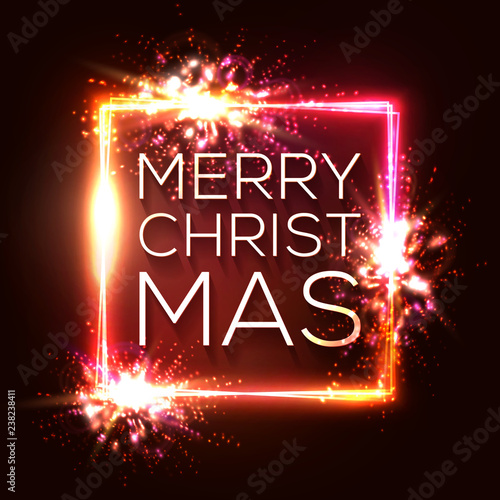 Christmas lights background. Square neon frame. Glowing decoration border with sparkle flash particles explosion. Celebrating Xmas text with glitch effect on red backdrop. Color vector illustration.