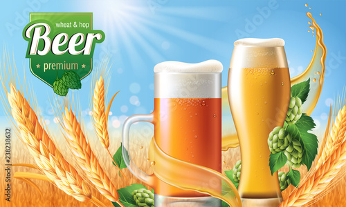 Beer Poster template for classic white beer ad package design. Vector glass cup with beer 3d illustration