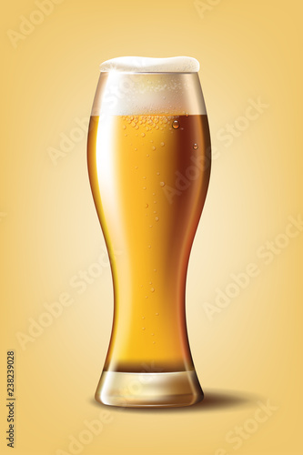 Beer Poster template for classic white beer ad package design. Vector glass cup with beer 3d illustration