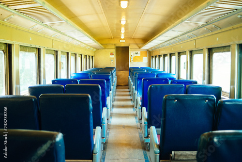 Inside a passenger train car from the fifties