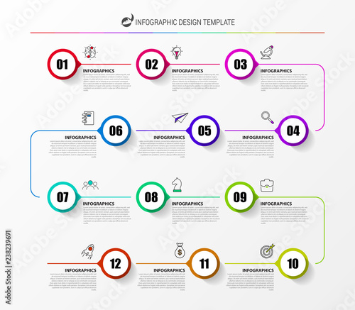Infographic design template. Timeline concept with 12 steps