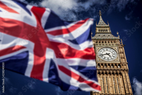 brexit concept - double exposure of flag and Westminster Palace with Big Ben photo