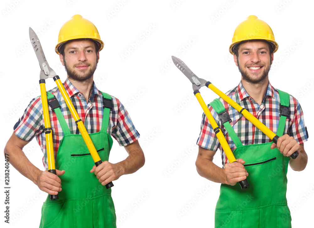 Worker with shears isolated on white