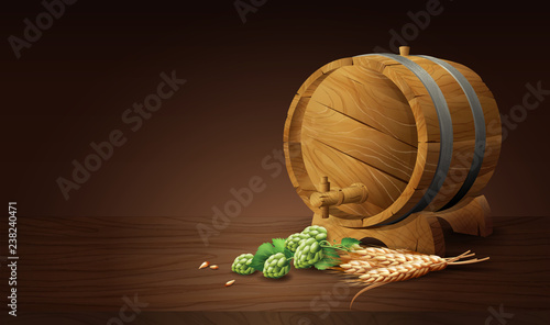 wood barrel with wheat and hops in 3d illustration