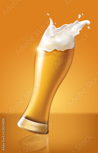 light beer in glass cup, refreshing drink with white foam in 3d illustration, splashing beer