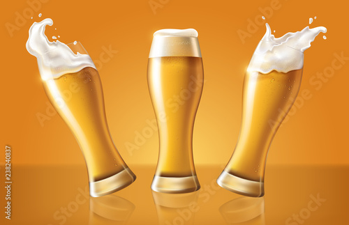 set light beer in glass cup, refreshing drink with white foam in 3d illustration, splashing beer set