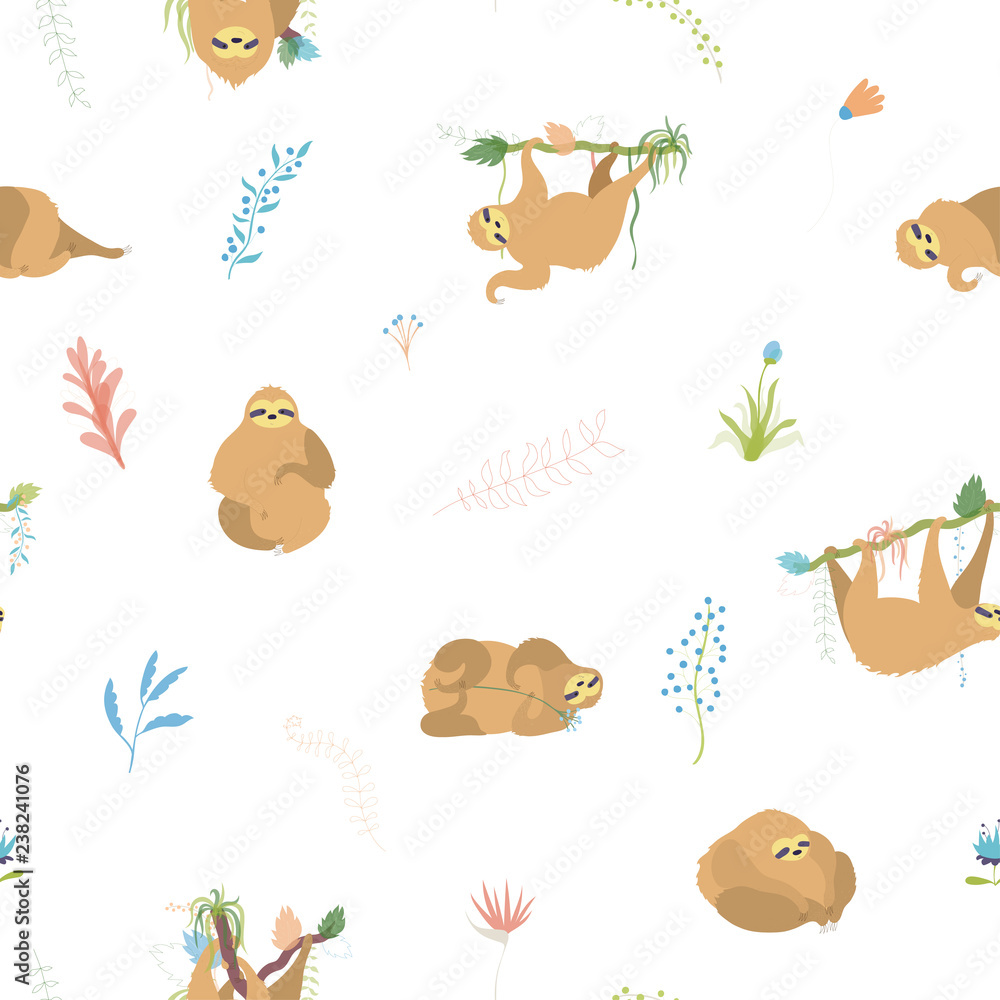 Fototapeta premium Vector seamless pattern with cute sloth
