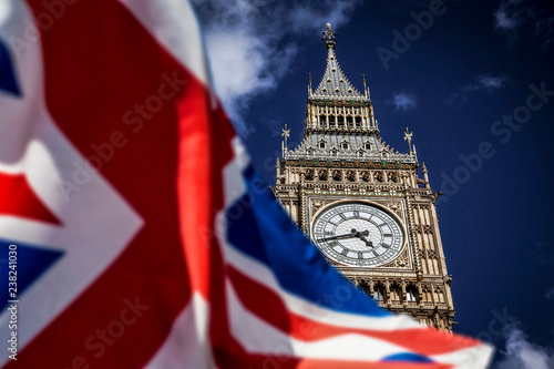 brexit concept - double exposure of flag and Westminster Palace with Big Ben photo