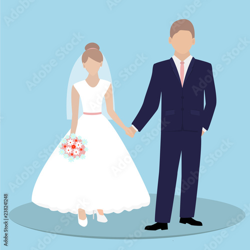 Bride and groom couple holding hands on blue background. Wedding day. Vector illustration